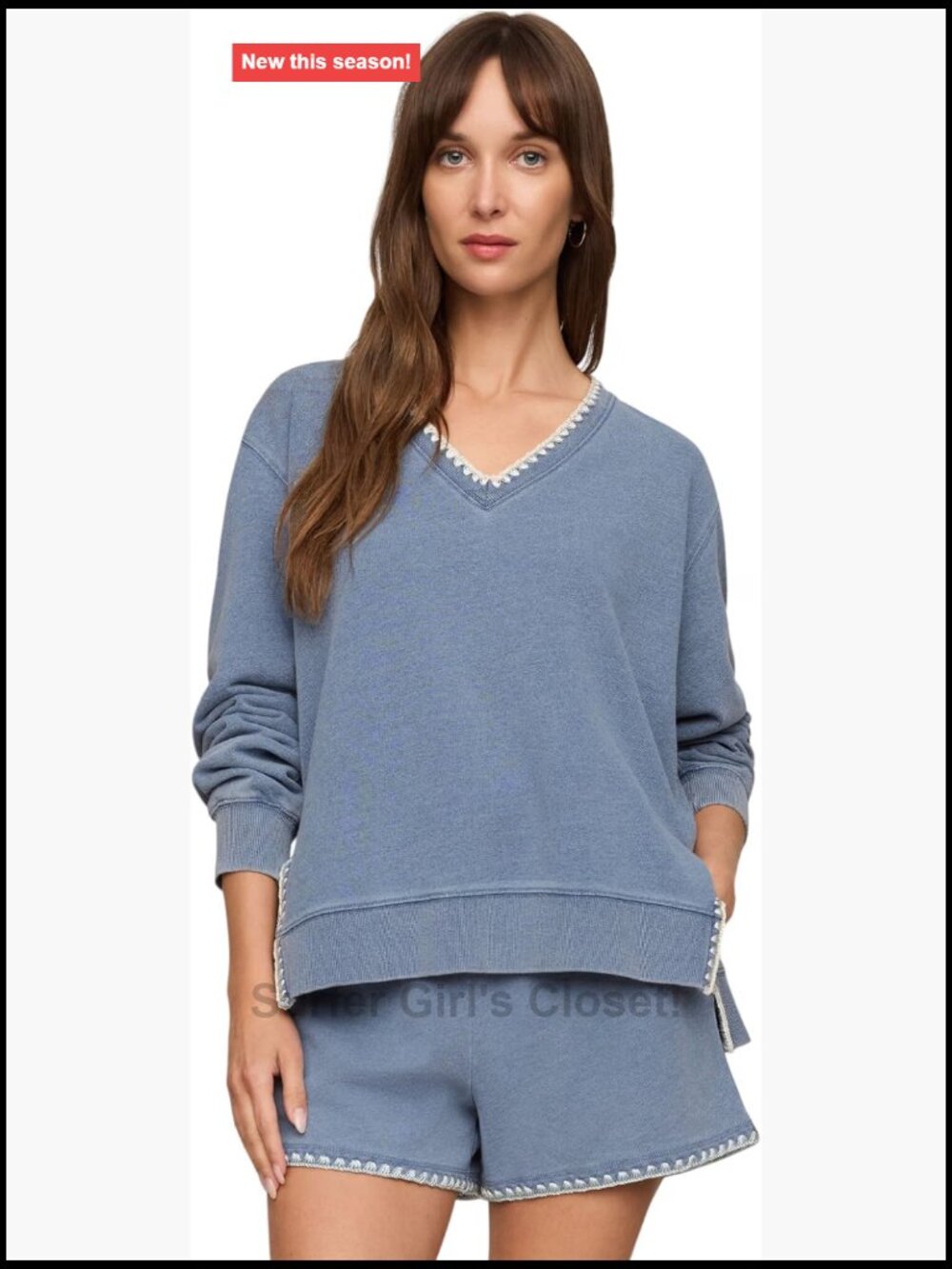 Womens Knit Denim Whipstitch Top Cotton V-Neck Long Sleeve Blouse